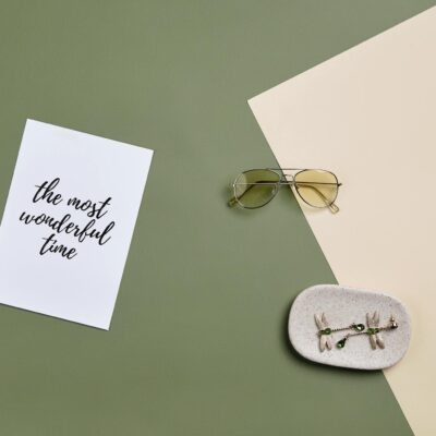 Minimalist flat lay featuring a card with 'the most wonderful time' and accessories.